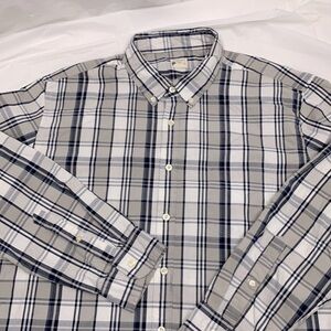 Men J. Crew White Gray Blue Plaid Sunwashed Oxford Button Long Sleeve Shirt XL